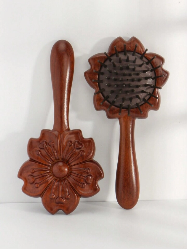 One-Piece Sandalwood Carved Floral Comb Airbag Massage Comb, Compact Soft Cushion Ladies Handbag Hair Comb Hair Brush