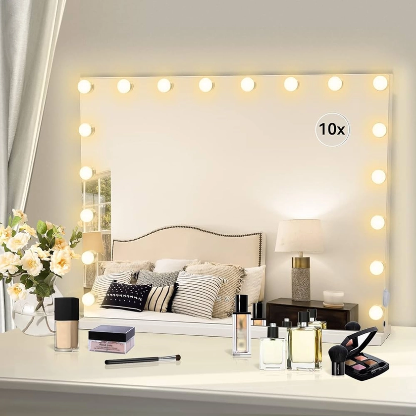 YU YUSING Hollywood Miroir Maquillage Lumineux, Miroir LED 18 Lumières Dimmables 80X62.5cm, Miroir Coiffeuse Contrôle Tactile 3 Couleurs Montage Mural