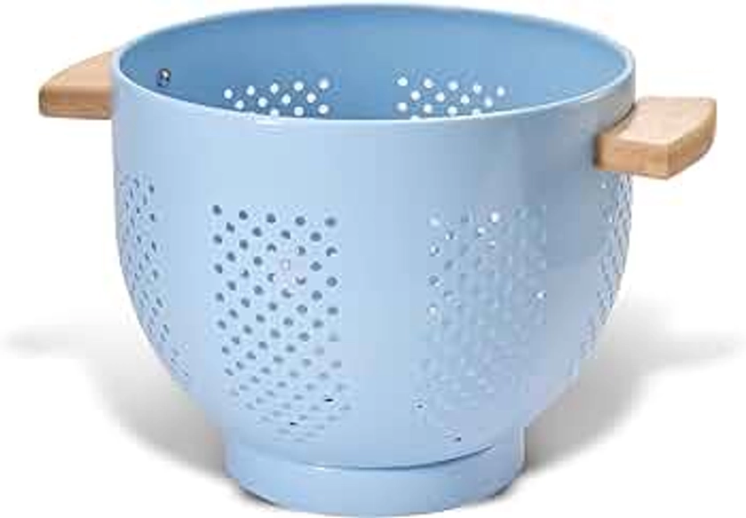 Metal Colander with Wood Handle and Stable Base, Powder Coated Steel Kitchen Strainer Basket for Draining Pasta, Vegetable and fruit(5.5quart,Blue)