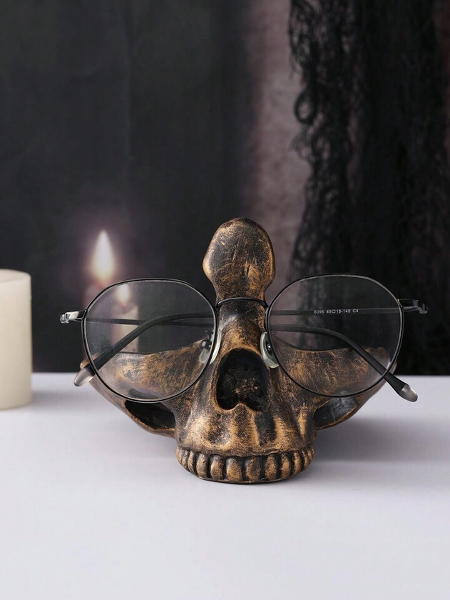 1pc Resin Creative Halloween Skull Craft Home Decoration, Office Desktop Ornament, Glasses Storage Rack Decorative Figurine