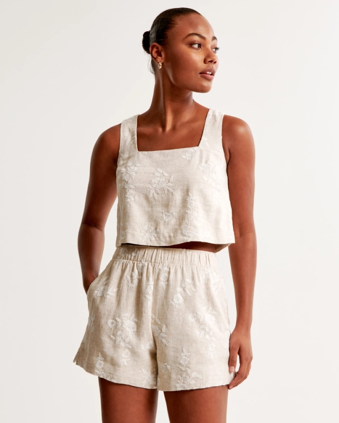 Women's Linen-Blend Embroidered Pull-On Short | Women's Clearance | Abercrombie.com