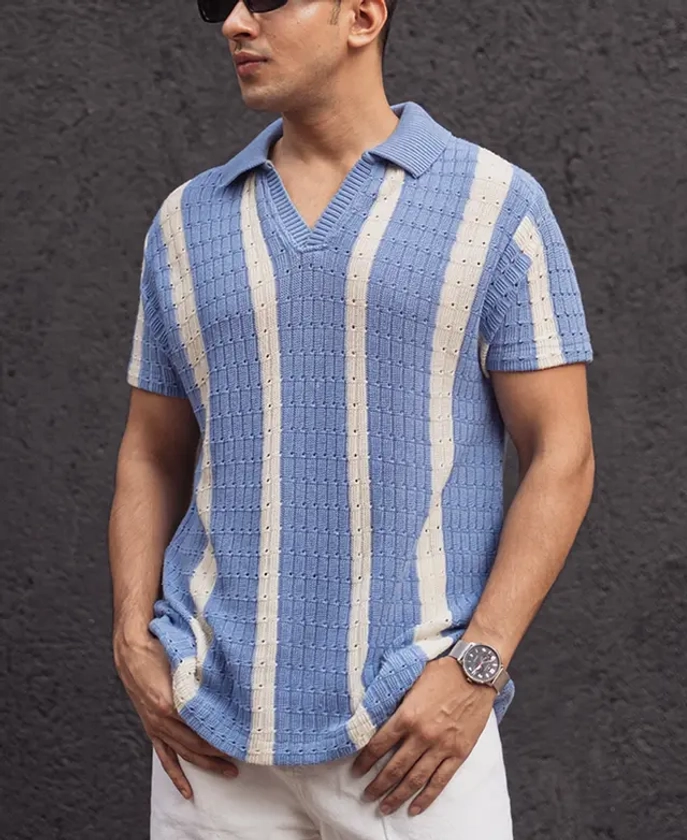 Sky Blue and White Structured Striped Half Sleeves T Shirt