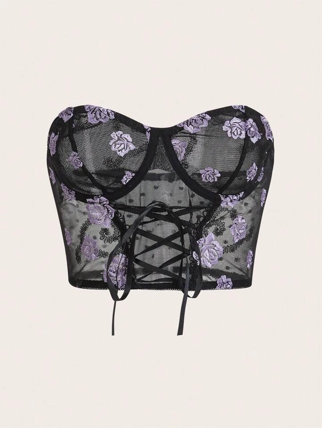 Goth Floral Embroidery Lace Up Front Underwire Bra