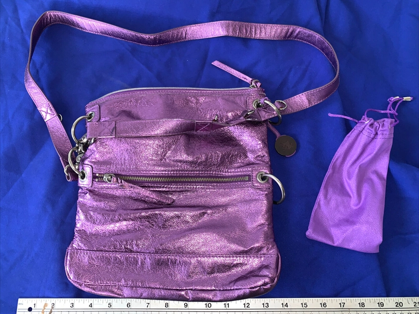 The Sak Women's Crossbody Bag Purse Metallic Purple Leather Slim Strap