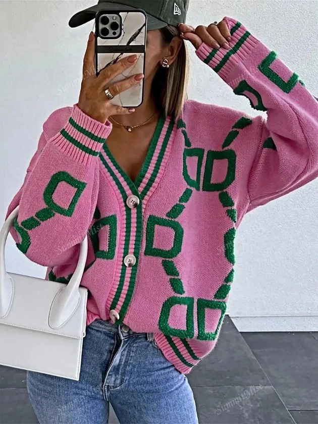 Women's Autumn/Winter V-Neck Single-Breasted Letter Pattern Knitted Cardigan Sweater Jacket