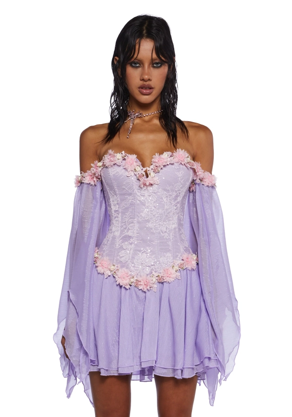 Sugar Thrillz Fairycore Cottagecore Glitter Chiffon Strapless Dress With Floral Appliques - Purple