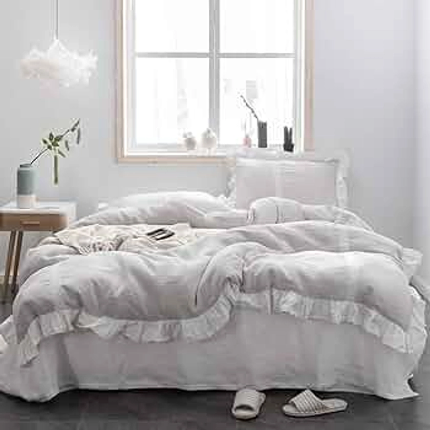 Simple&Opulence 100% Linen Duvet Cover Set (104''x92'') Floral Flax King Size, Shabby Chic Ruffle Edge Lace Insert Decoration, 3 Pcs Farmhouse Bedding-1 Comforter Cover 2 Pillow Shams, Floral Grey