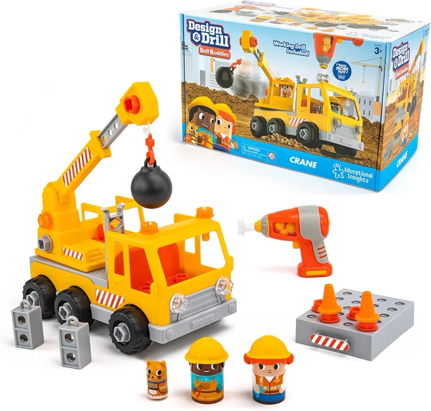 Learning Resources Design and Drill Bolt Buddies Crane Take Apart Toy with Electric Toy Drill, Preschool STEM Toy, Boys and Girls Ages 3+