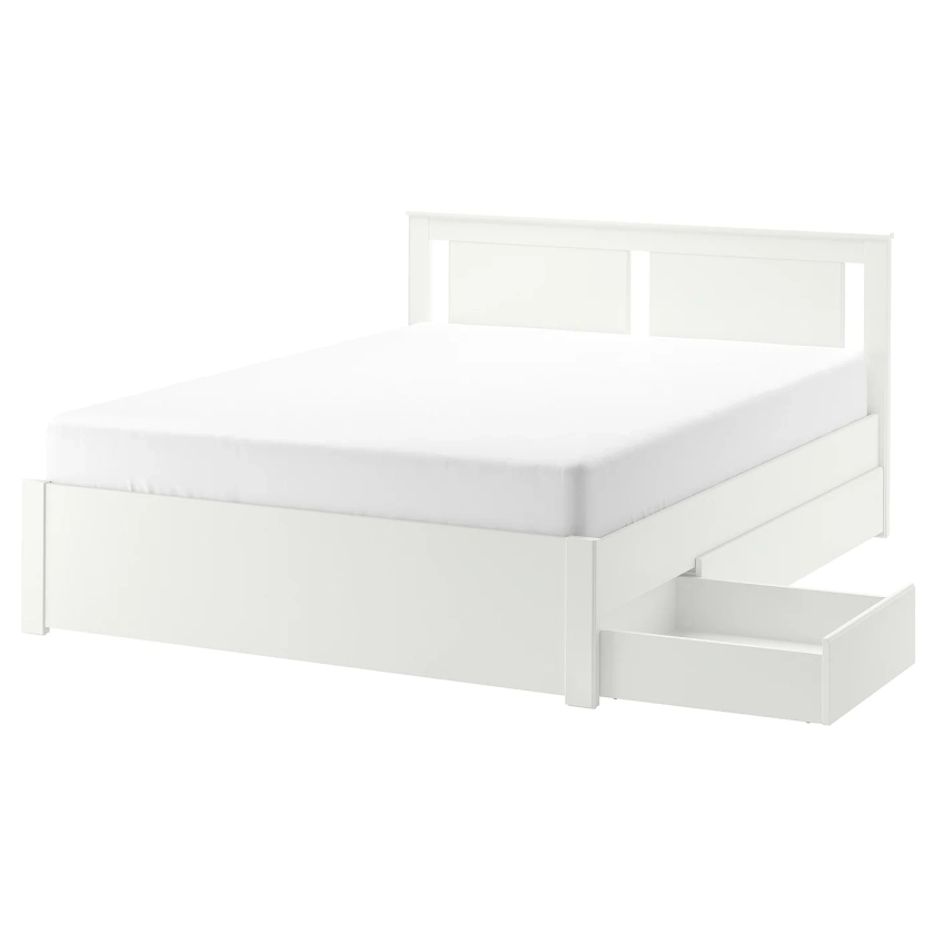 SONGESAND Bed frame with 2 storage boxes - white/Luröy Double