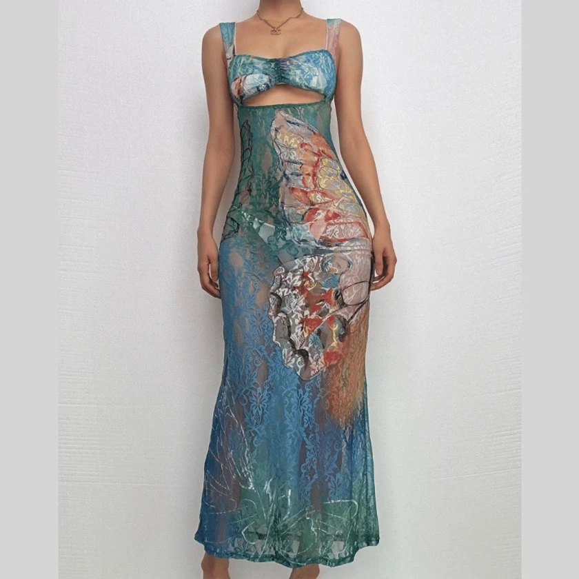 Hollow out butterfly pattern lace tie dye cut out maxi dress