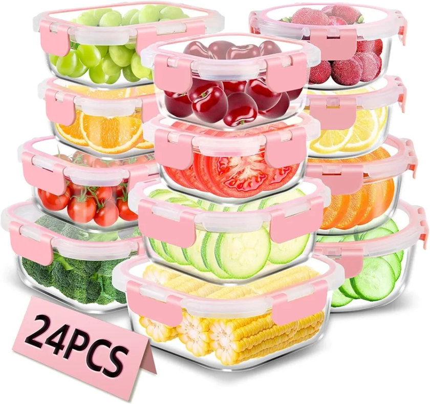 24PCS Glass Food Storage Containers with Lids Glass Meal Prep Containers for Adults Reusable - 12 Glass Bento Boxes and 12 Lid (Pink)