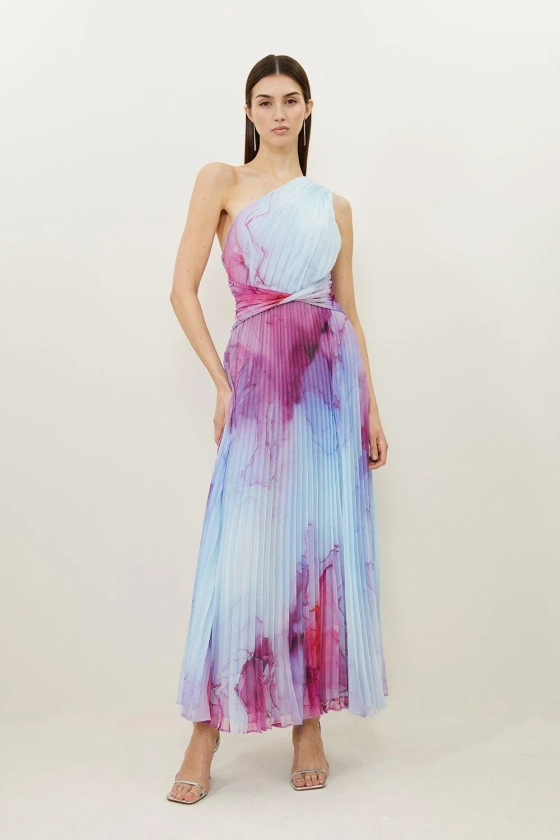 Marble Printed Soft Pleated One Shoulder Midaxi Dress