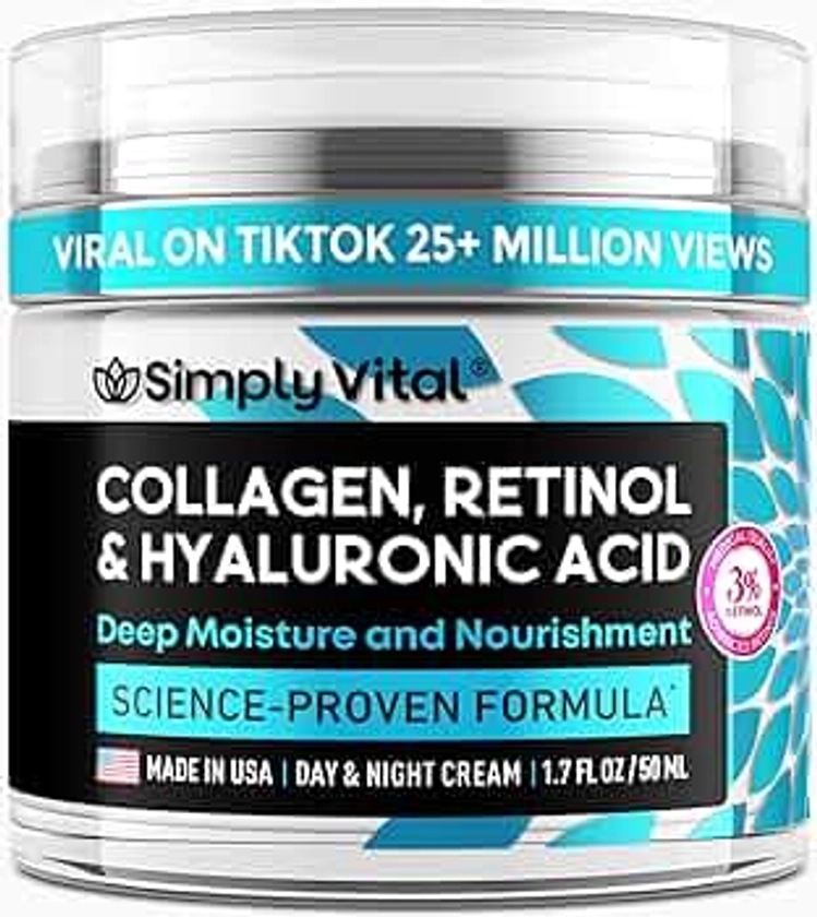 SimplyVital Collagen Face Moisturizer - Anti-Aging Retinol Cream for Face, Neck & Décolleté with Hyaluronic Acid - Made in USA, Daily Moisturizer Face Cream - 1.7oz