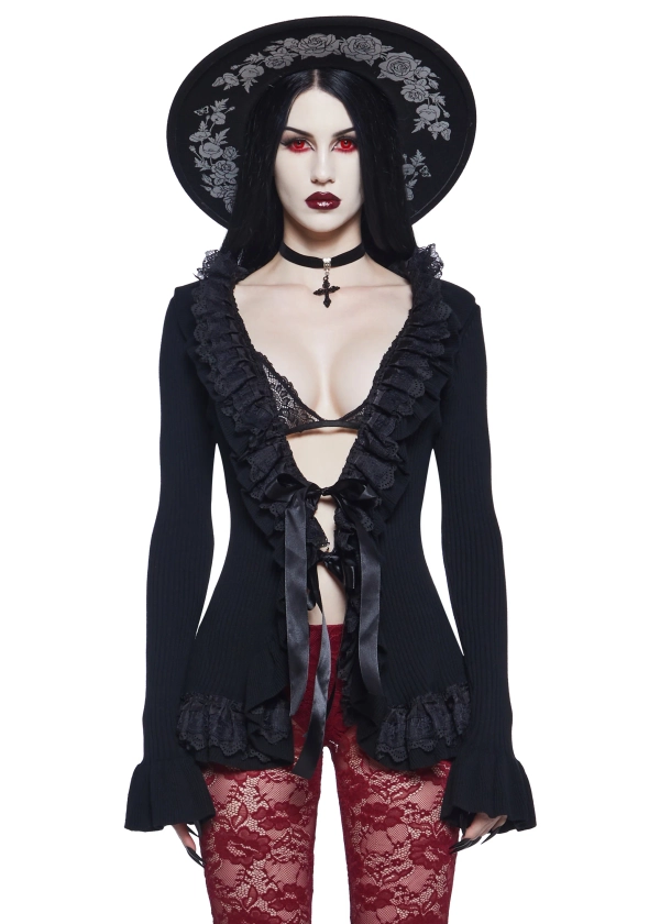 Widow Vampire Goth Stretchy Ribbed Knit Ruffled Eyelet Lace Ribbon Cardigan - Black