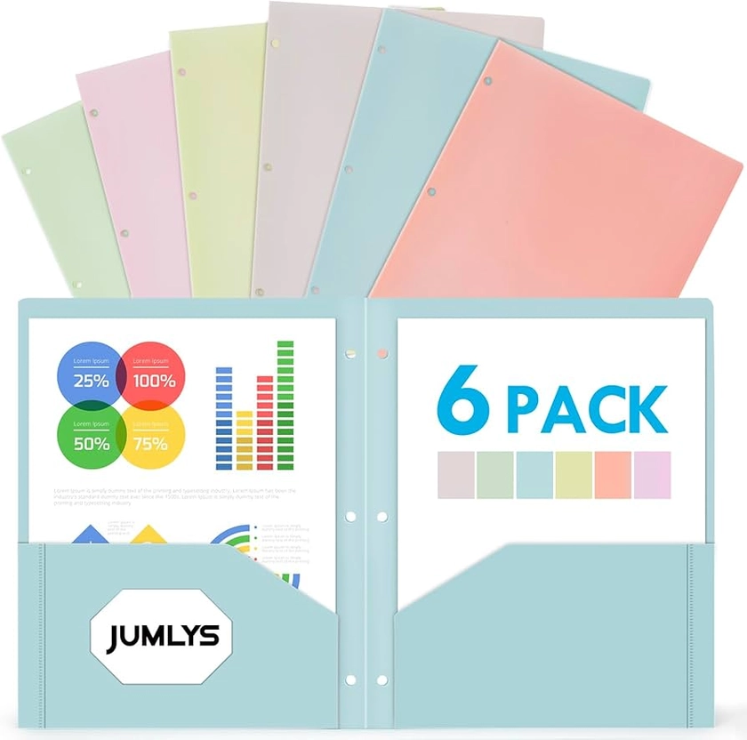 Amazon.com : Jumlys 6 Pack 2 Pocket Folders with 3 Holes Punch, Pastel Plastic Folder for 3 Ring Binder, Heavy Duty Folders with Pockets for Letter Size Paper, Multicolor Folders for School and Office : Office Products