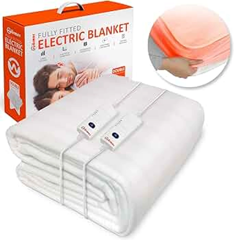 Wärmer Electric Blanket Double Size - Dual Control, Fully Fitted Mattress Cover with Elasticated Skirt, 3 Heat Settings, 2 X Detachable Controllers - 193 X 137cm Double