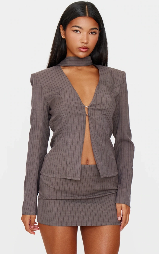 Dark Grey Pinstripe Neck Tie Fitted Blazer