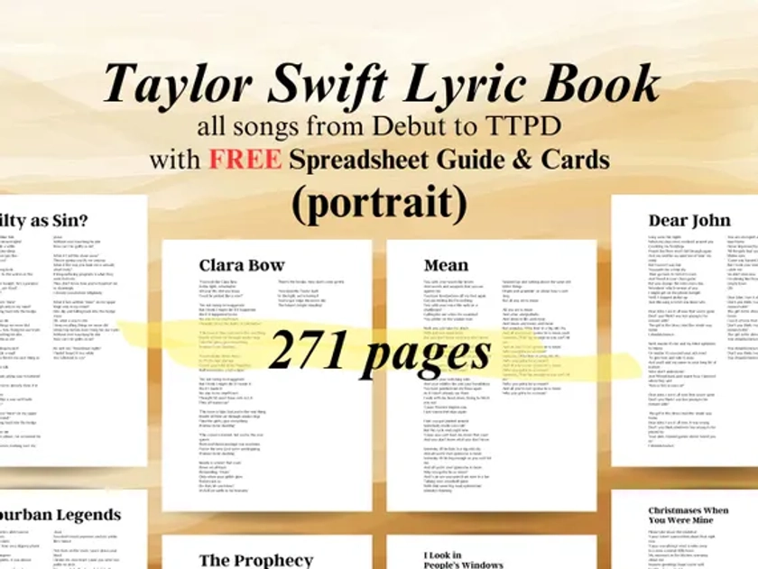 Taylor Swift Lyric Book | Song Lyrics for All Songs | 271 Pages PDF Instant Download | Songs From Debut to TTPD Included