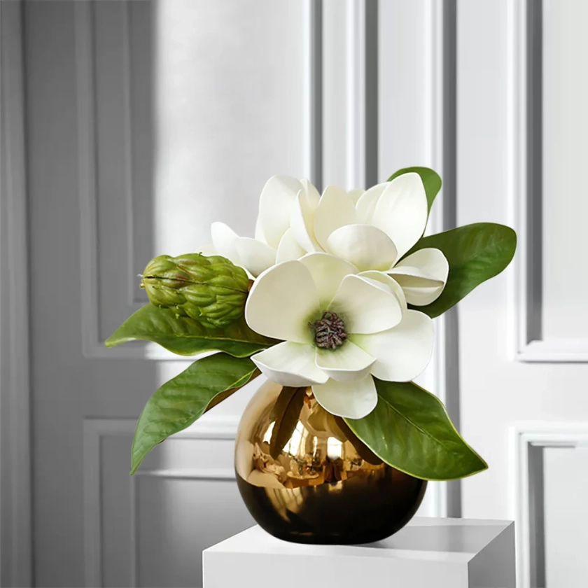 Fashionable Artificial Flowers in Vase Faux Magnolia Gold Glass Ball Vase Set