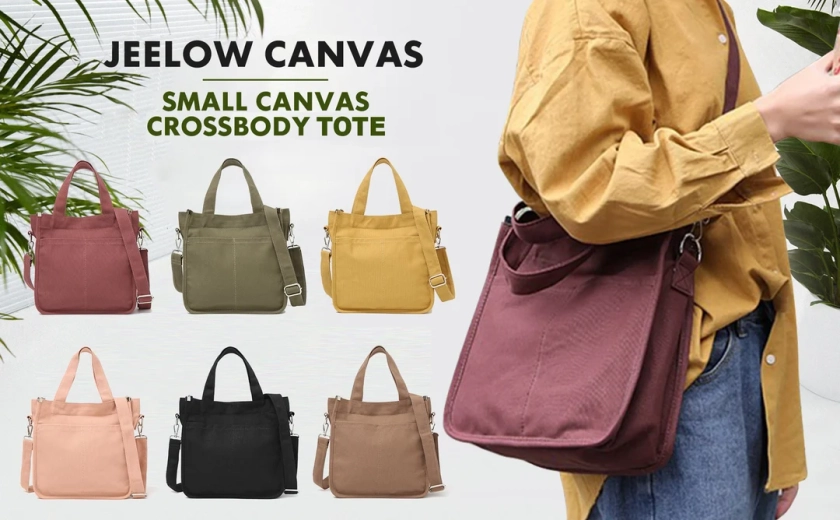 Jeelow Small 16oz Canvas Tote Crossbody Bags Purse Handbag For Women Adjustable Strap Front Pockets Zipper Closure