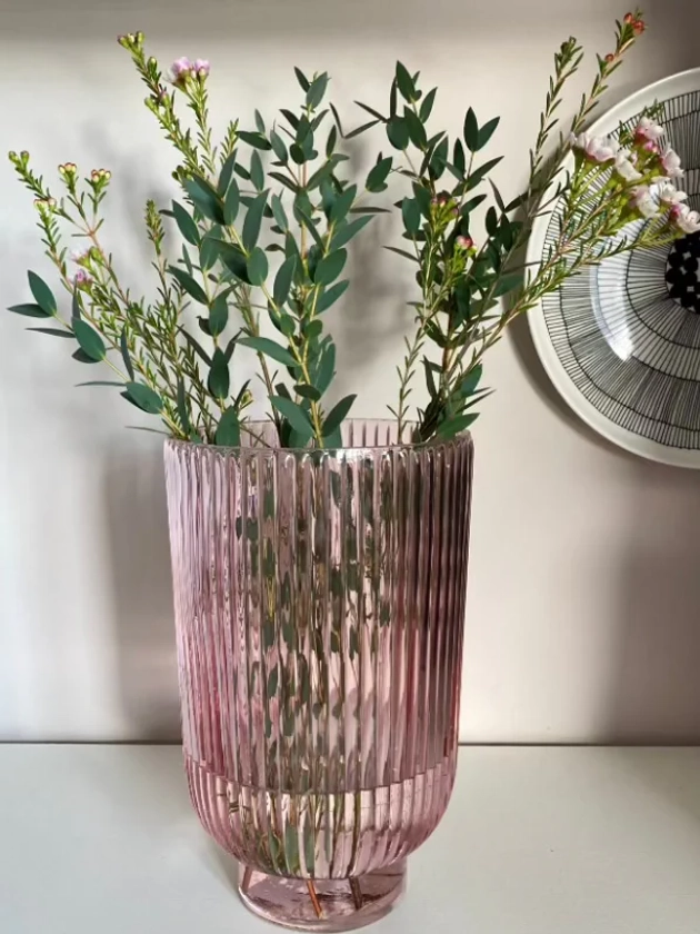 Reeded Glass Hurricane Vase - Pink