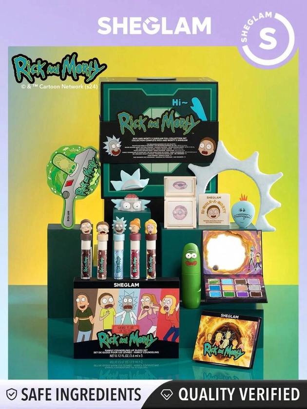 Rick and Morty X SHEGLAM Full Collection Set Gift Makeup Set With Lip Gloss Blush Balm Eyeshadow Palette Pressed Setting Powder Setting Spray Hand Mirror Makeup Sponge Gift Box Makeup Kit