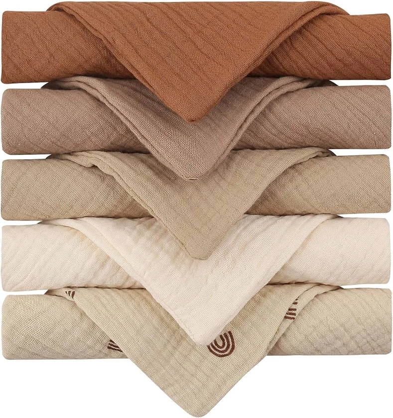 Aloonii 5 Pack Luxury Muslin Squares | Cute Small Baby Burp Cloths (Brown)