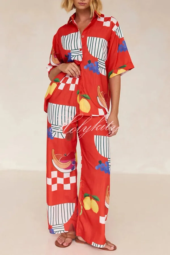 Unique Printed Casual Shirt and Elastic Waist Pants Set