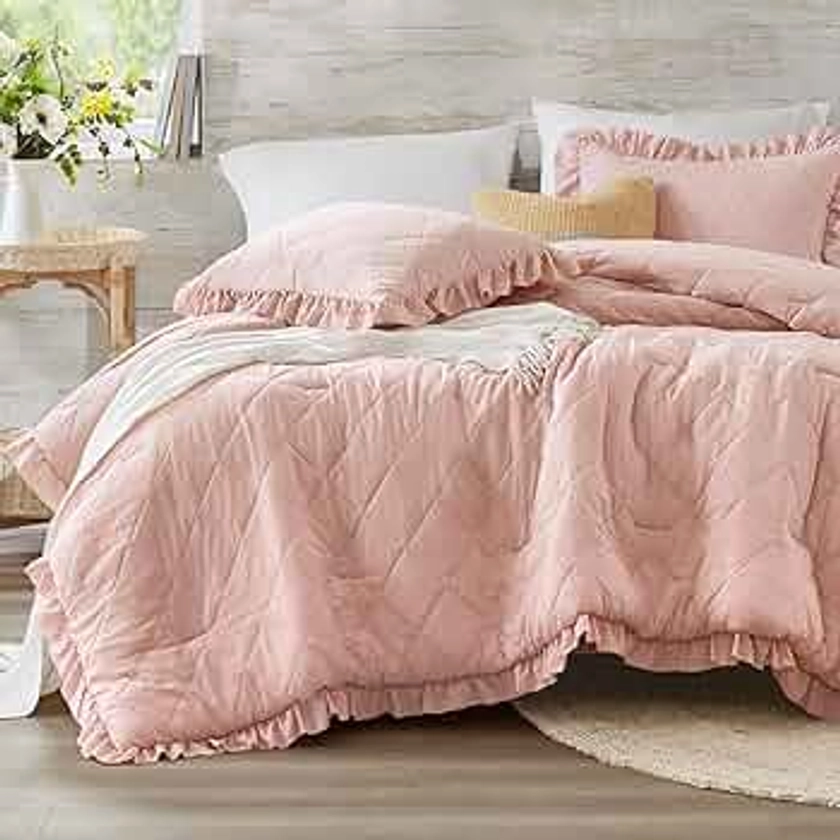 Pink/Blush Ruffle Bedding Set, Shabby Chic Farmhouse Queen Size Comforter for Women, Boho Fluffy Cozy Washed Microfiber Full Bed Sets, 3 Piece with Ruffled Pillow Shams