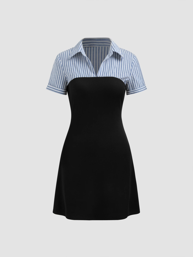 Cotton-blend Collar Striped Short Sleeve Mini Dress