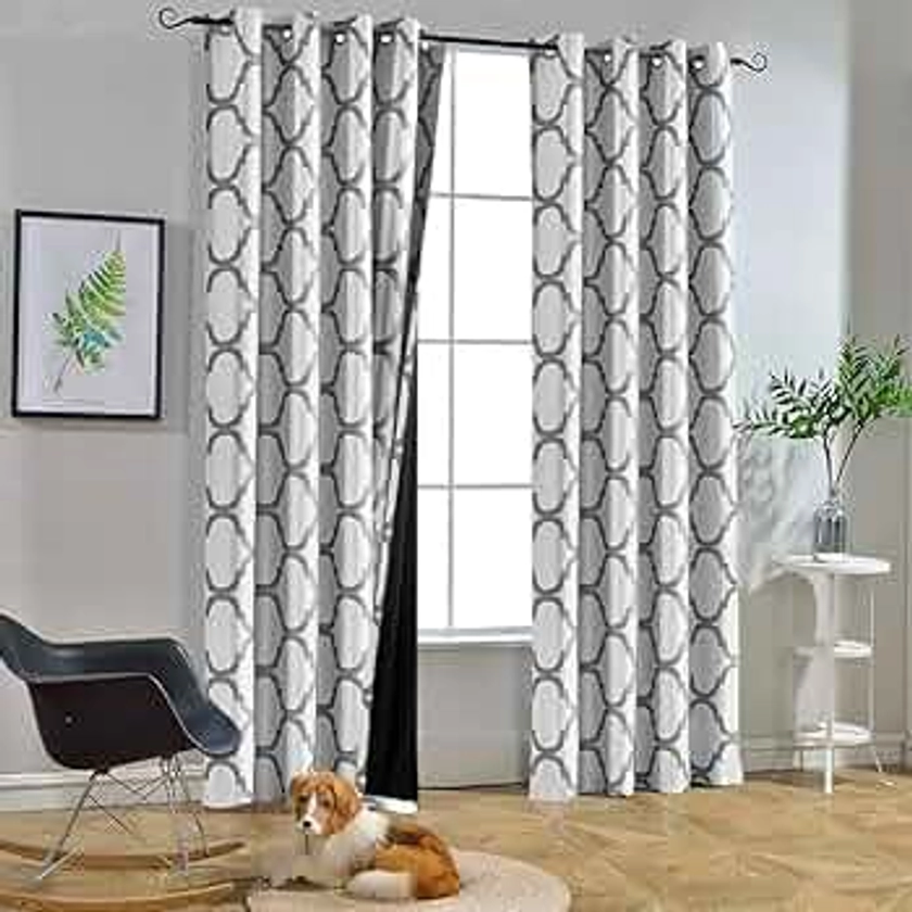 Melodieux Moroccan 100% Blackout Curtains for Bedroom 96 Inches Long, Living Room Thermal Insulated Black Liner Grommet Drapes, 52 by 96 Inch, Off White/Grey (2 Panels)