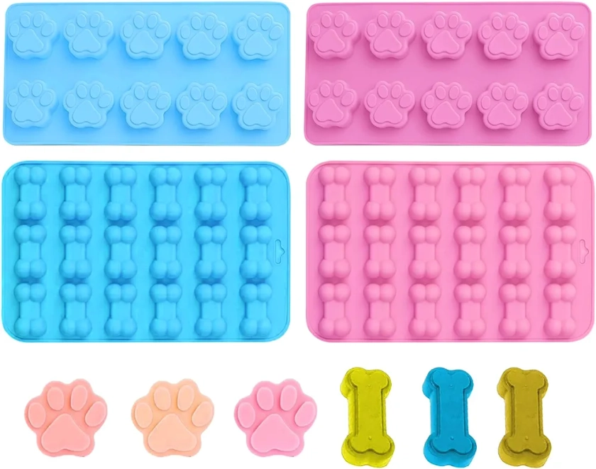 Wekuw 4 Pièces Patte de Chien Et Moules d'Os Moule Friandises Chien Moule en Silicone Patte et Os de Chiot Moules à Pâtisserie Adaptés à la Confection de Gelée de Chocolat, Friandises pour Chiens