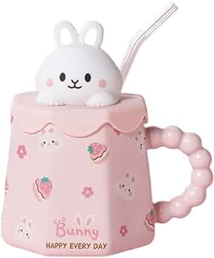 Animal Mark Cup with a Straw Animal Print Stuff Gifts 14oz Ceramic Tea Coffee Cup Kawaii Mugs Funny Animal Mug Rabbit Mug Birthday Gifts for Women Girls Kids Lovers (Pink-Rabbit)