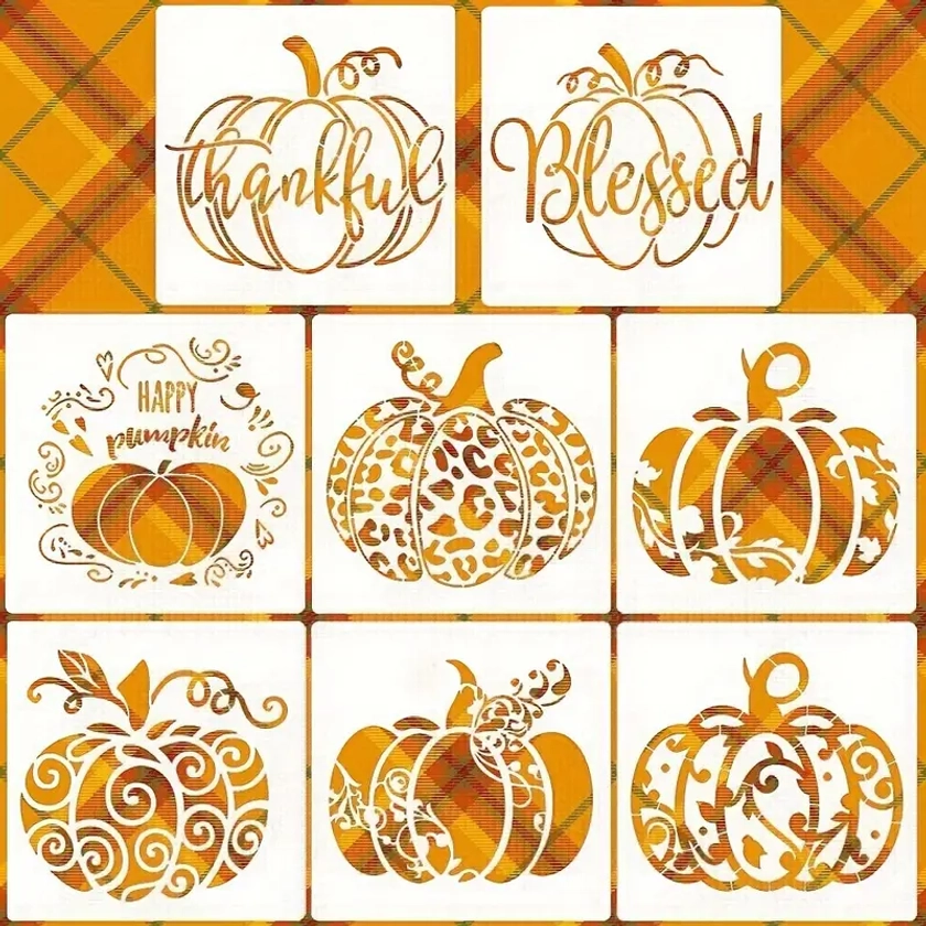 8-Pack Pumpkin Stencils 8x8 Inch, Reusable Fall Autumn Thanksgiving Halloween Templates for DIY Crafts, Plastic Painting Stencils with English Words f