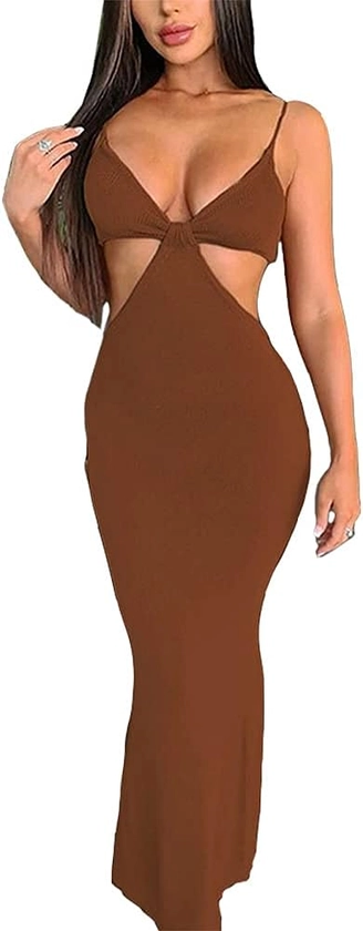 Amazon.com: Antopmen Women Spaghetti Straps Knitted Maxi Dresses Elegant Sexy Party Cut Out Backless Bodycon Slim Dress(Small, Brown : Clothing, Shoes & Jewelry