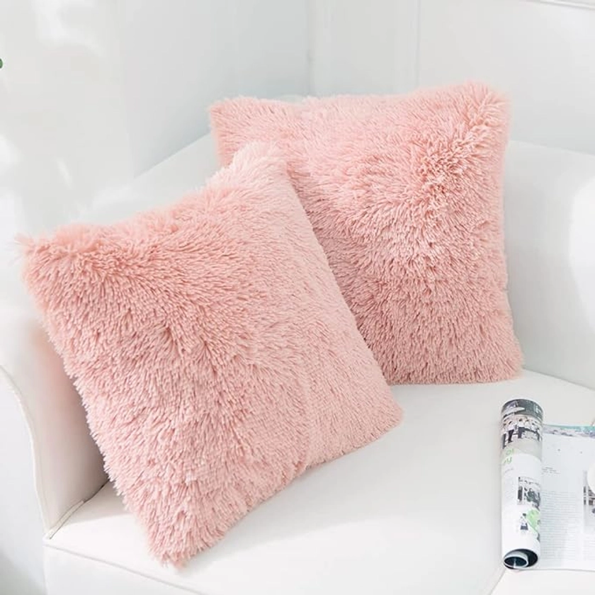 NordECO HOME Luxury Soft Faux Fur Fleece Cushion Cover Pillowcase Decorative Throw Pillows Covers, Valentines Day Gift No Pillow Insert, 18" x 18" Inch, Pink, 2 Pack