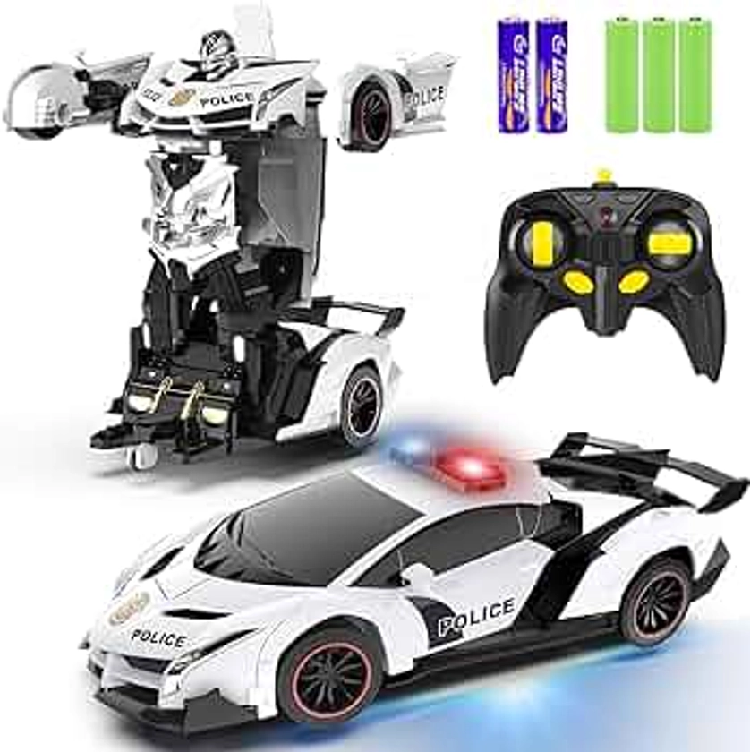 FDJ Remote Control Car - Transform Toys Car Robot, One Button Deformation to Robot with Flashing Light, 2.4Ghz 1:18 Scale Transforming Police Car Kids Toys with 360 Degree Rotating, Girls Boys Toys