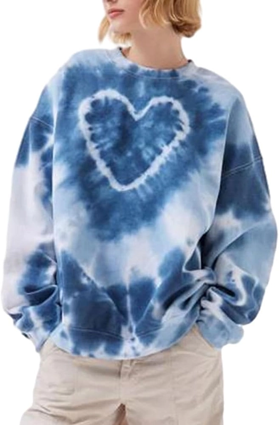 Miolasay Women Valentine's Day Tie Dye Sweatshirts Y2k Long Sleeve Heart Print Pullover Tops Crew Neck Loose Fit T-Shirt