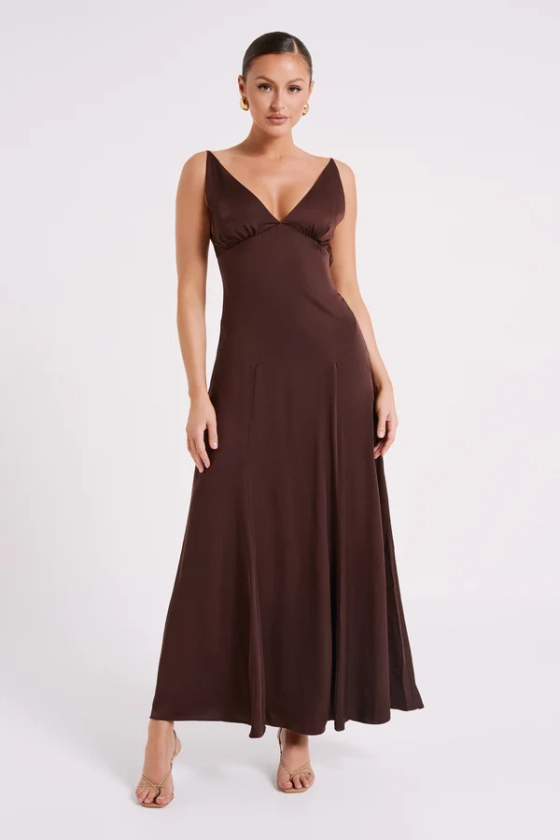 Kamala Low Back Satin Maxi Dress - Dark Chocolate