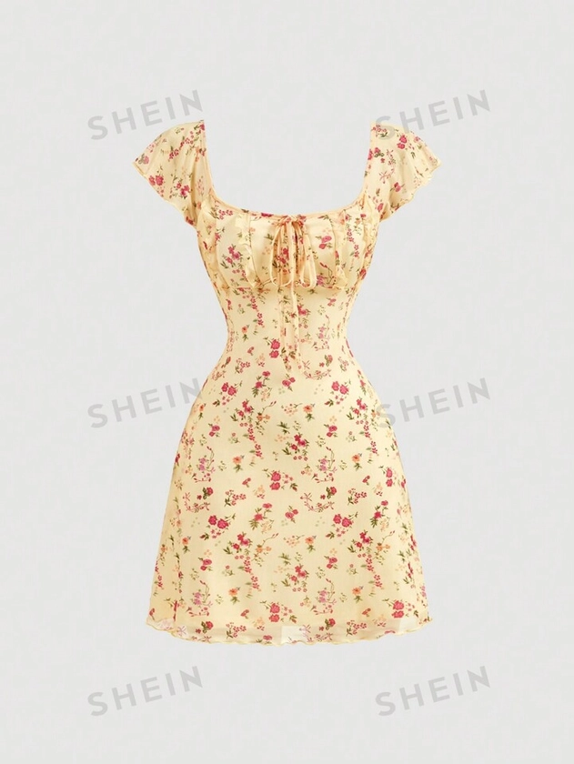 SHEIN MOD Women's Vintage Floral Print Knotted Chest Ruched Round Neckline Sleeveless Dress For Summer