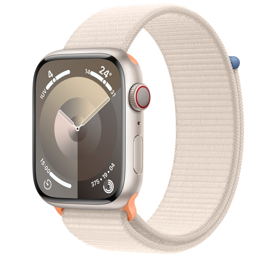 Apple Watch Series 9 GPS + Cellular • Caixa estelar de alumínio – 45 mm • Pulseira loop esportiva estelar
