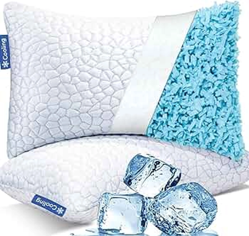 Cooling Bed Pillows for Sleeping, Shredded Memory Foam Pillows 2 Pack, Gel Pillows Standard Size Set of 2, Support yet Soft Pillow for Side, Back Sleepers Adjustable Pillow with Removable Cover