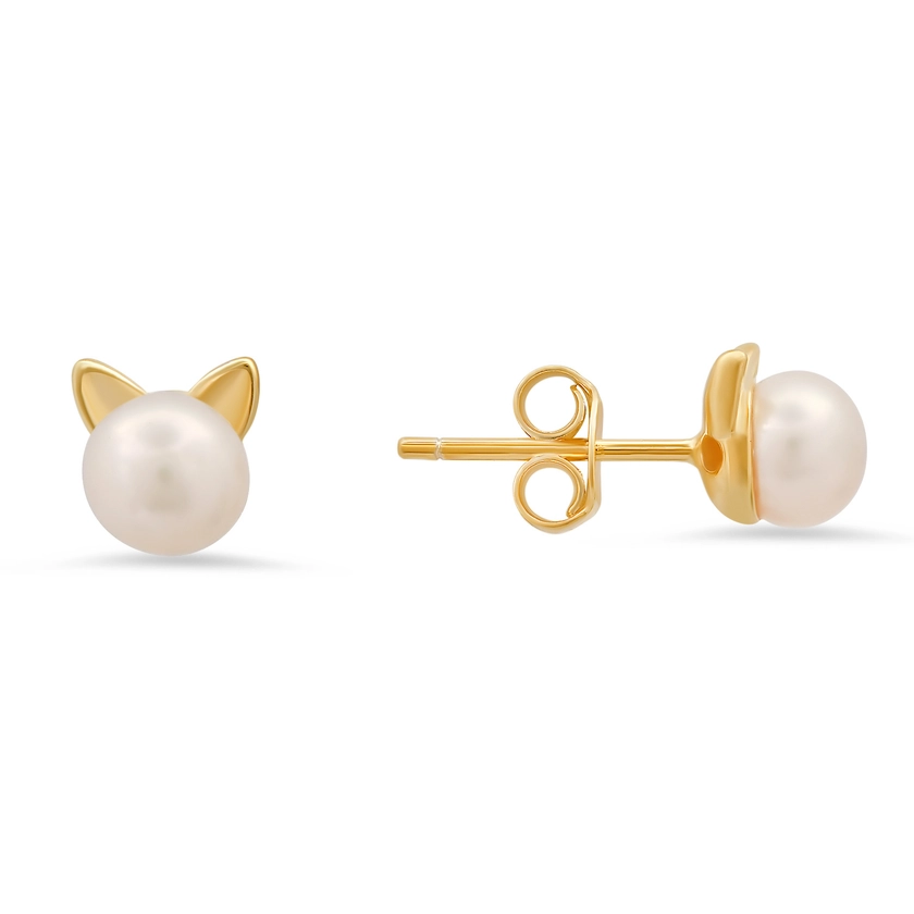 Gold Kitty Cat Pearl Stud Earrings by Kylie Harper