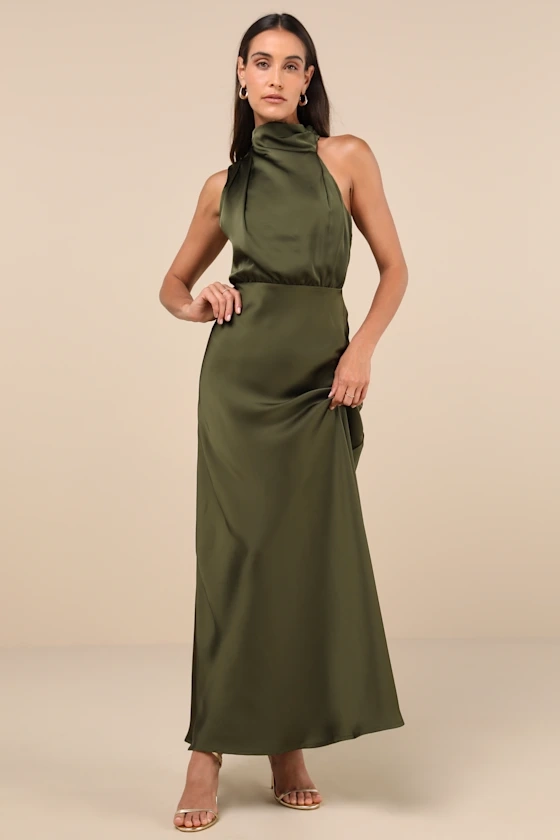 Distinctive Charm Olive Green Satin Asymmetrical Maxi Dress