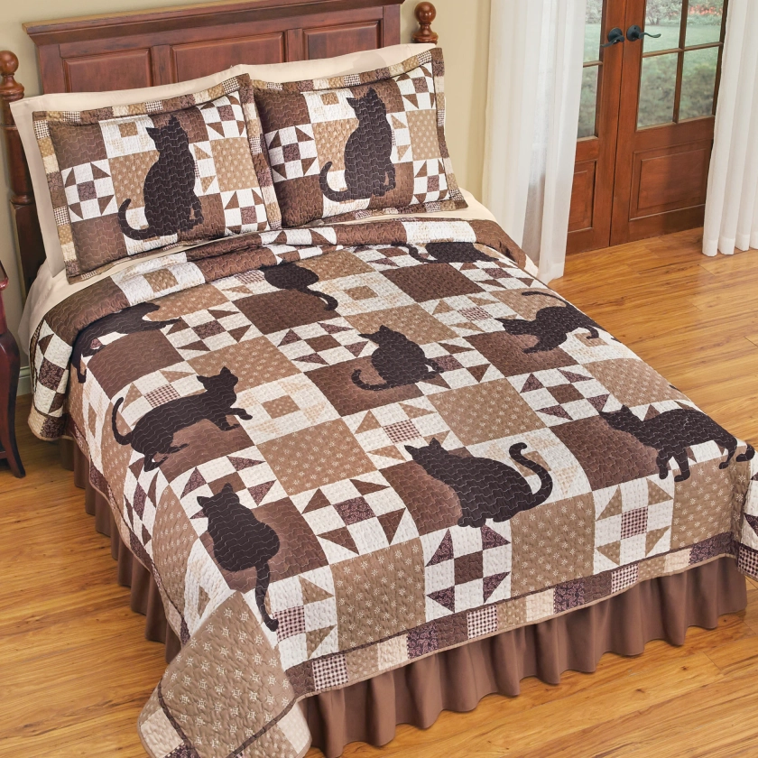 Neutral Charming Cat Silhouette Patchwork Quilt