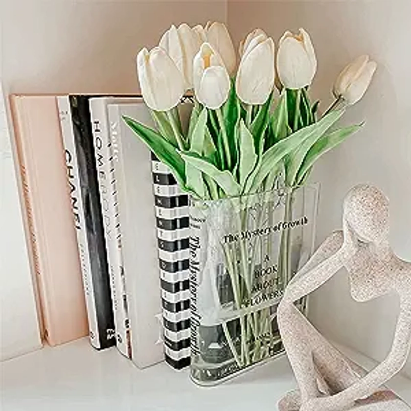 Bookend Vase for Flowers, Cute Bookshelf Decor, Unique Vase for Book Lovers, Artistic and Cultural Flavor Acrylic Vases for Home Office Decor, A Book About Flowers (Clear - B)