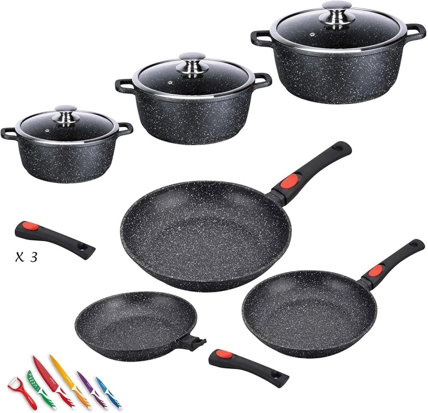 Kamberg - Set Lot Batterie de cuisine 12 pièces : 3 poêles / 3 faitouts - Fonte d'aluminium - Revêtement pierre - Manche Amovible - Tous Feux dont Induction - Sans PFOA - 0008161, Noir