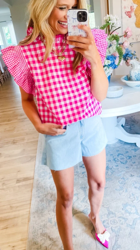 Hot Pink Gingham Flutter Sleeve Top