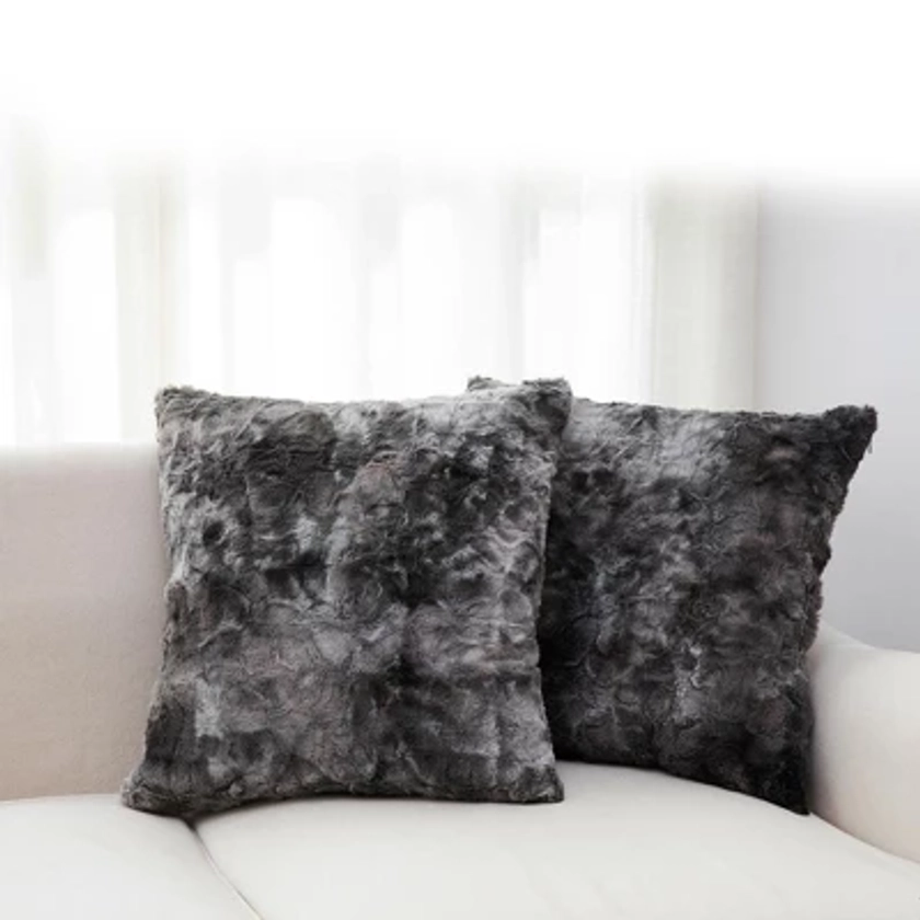 Cheer Collection Set of 2 Plush Faux Fur Throw Pillows - 18" x 18" (Gray & White)