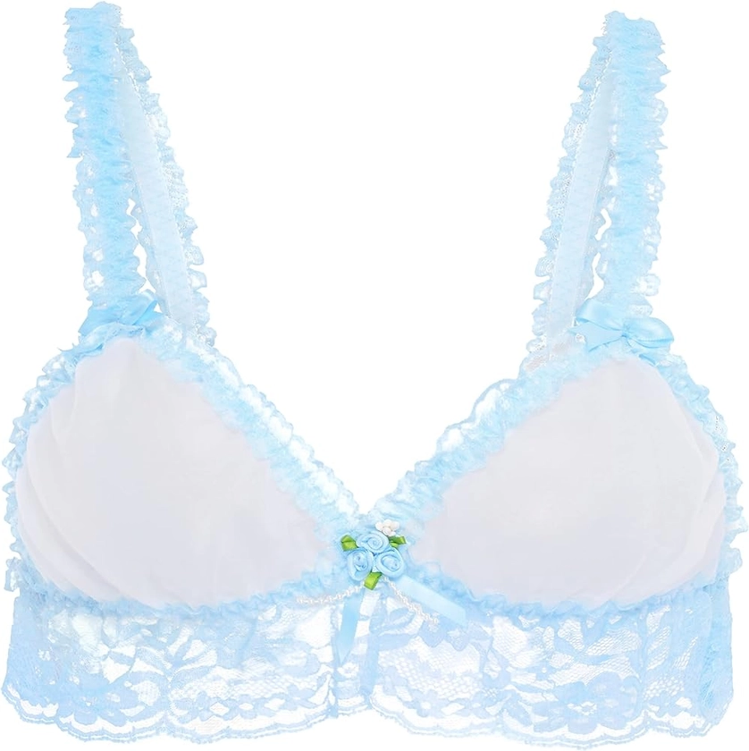 Satini Sissy Frilly Lace Fitted Sheer Bralette (White - Baby Blue, S) : Amazon.co.uk: Fashion